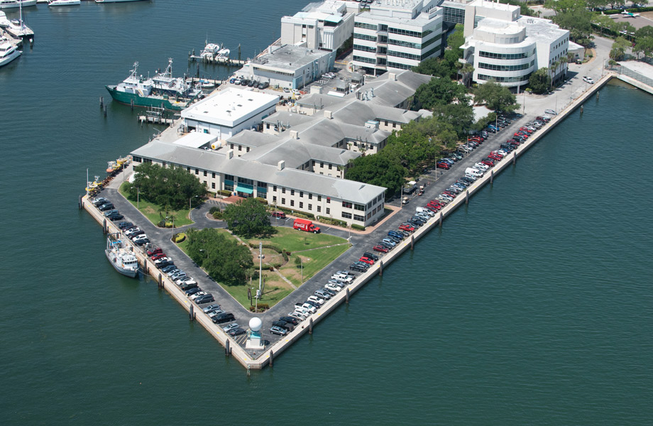 Aerial shot of marine science building on the bay