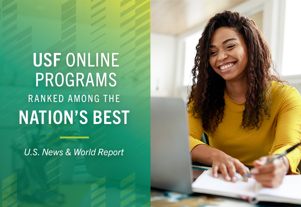 Woman sits at laptop with a graphic that says, "online programs ranked among the nation's best."